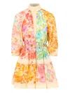 ZIMMERMANN 'RAIE LANTERN' MINI MULTICOLOR DRESS WITH FLOREAL PRINT AND COVERED BUTTONS IN RAMIÈ WOMAN