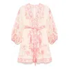 Zimmermann Lucky Pink Mini Dress With V Neck And All-over Floral Print In Linen Woman