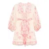 Zimmermann Lucky Pink Mini Dress With V Neck And All-over Floral Print In Linen Woman