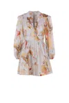 Zimmermann Ascension Light Blue Mini Dress With Flared Skirt And All-over Print In Linen Woman In Neutral