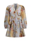 Zimmermann Ascension Light Blue Mini Dress With Flared Skirt And All-over Print In Linen Woman In Neutral
