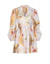 Zimmermann Ascension Light Blue Mini Dress With Flared Skirt And All-over Print In Linen Woman In Neutral