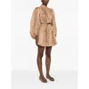 Zimmermann Cascadian Beige Tunic Dress With Stand-up Collar And All-over Leopard Print In Linen Woman In Brown