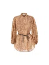 Zimmermann Cascadian Beige Tunic Dress With Stand-up Collar And All-over Leopard Print In Linen Woman In Neutral