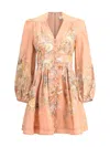 Zimmermann Tallow Pleated Floral-print Linen Mini Dress In Pink