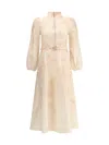 Zimmermann Crush Multicolor Midi Dress With Puffed Sleeves And Adjustable And Removable Belt In Linen Woman In Neutral