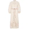 Zimmermann Beige Long Dress With High Neck And All-over Embroidery In Linen Woman In Beige