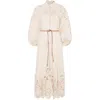 Zimmermann Beige Long Dress With High Neck And All-over Embroidery In Linen Woman In Beige