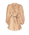 Zimmermann Cascadian Beige Tunic Dress With Stand-up Collar And All-over Leopard Print In Linen Woman In Brown