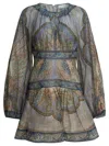 Zimmermann Wanderlust Multicolor Crewneck Mini Dress With Puffed Long Sleeves And All-over Print In Cotton And  In Multi