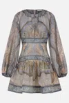 Zimmermann Wanderlust Multicolor Crewneck Mini Dress With Puffed Long Sleeves And All-over Print In Cotton And  In Multi