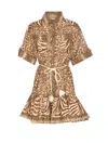 Zimmermann Wanderlust Lantern Belted Printed Cotton Mini Dress In Brown