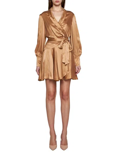 Zimmermann Womens Sand Plunge-neck Wrap-over Silk Mini Dress In Brown