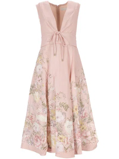 Zimmermann Floral-print Linen Midi Dress In Blush