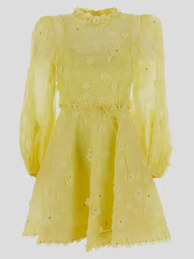 Zimmermann Mini Floral Applique Dress In Yellow