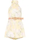 Zimmermann Acacia Belted Floral-print Linen Halterneck Playsuit In Yellow