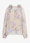 Zimmermann Embellished Floral-print Silk-crepon Blouse In Beige