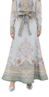 Zimmermann Eden Belted Paisley-print Linen And Silk-blend Organza Maxi Skirt In Blue Paisley