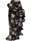 Zimmermann Eden Waterfall Asymmetric Ruffled Floral-print Linen And Silk-blend Midi Skirt In Black