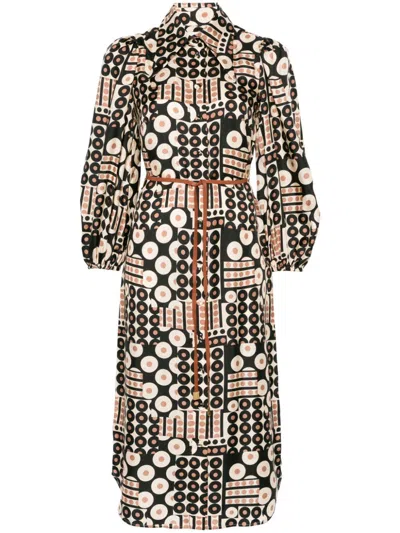 Zimmermann Illustration Geo Print Belted Long Sleeve Silk Shirtdress In Geomul
