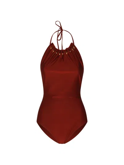 Zimmermann Embellished Halterneck Swimsuit In Brown