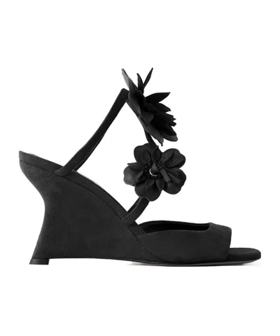 Zimmermann Embellished Leather-trimmed Suede Wedge Mules In Black
