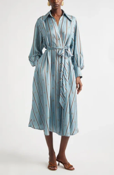 Zimmermann Emblem Tuck Long Sleeve Belted Midi Silk Shirtdress In Blue