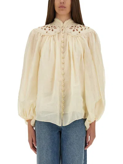 Zimmermann Embroidered Blouse "coco" In Sand