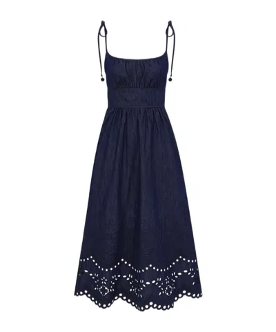 Zimmermann Embroidered Denim Midi Skirt In Blue