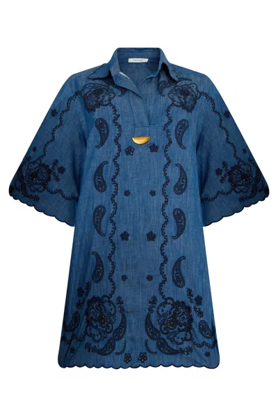 Zimmermann Embroidered Denim Mini Dress In Blue
