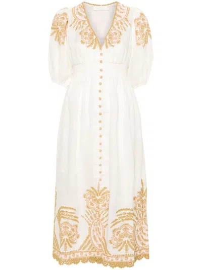 ZIMMERMANN EMBROIDERED LINEN MIDI DRESS