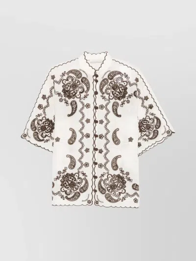 Zimmermann Embroidered Linen Mock Neck Short-sleeve Shirt In White