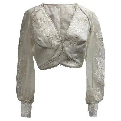Zimmermann Embroidered Long Sleeve Cropped Top In White Linen In Silver