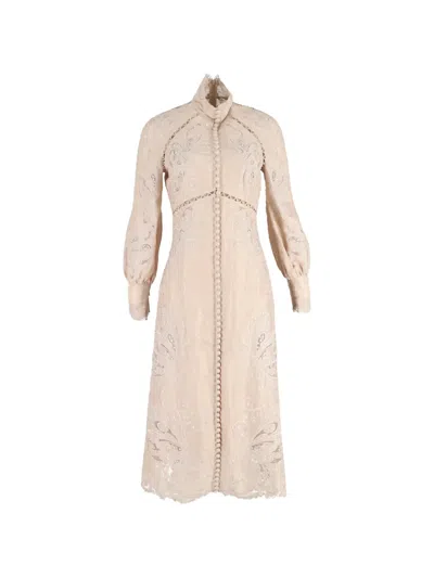 Pre-owned Zimmermann Embroidered Long-sleeve Midi Dress In Neutral