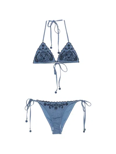 Zimmermann Aster Triangle Bikini Set Embroidered Floral In Blue