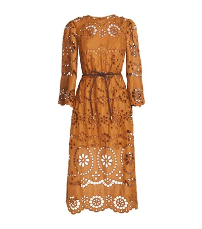 Zimmermann Embroidered Pop Midi Dress In Brown