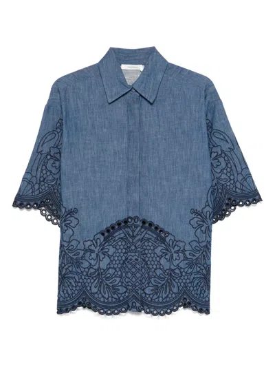 Zimmermann Denim Shirt With Floral Embroidery And Collared Neck In Blue