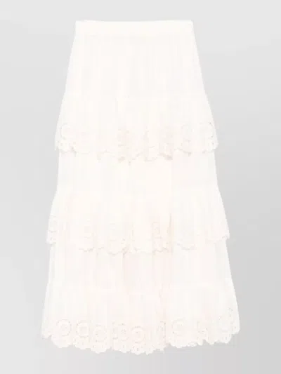 Zimmermann Embroidered Tiered High Rise Midi Skirt In White