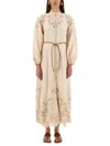 Zimmermann Beige Long Dress With High Neck And All-over Embroidery In Linen Woman In Cream