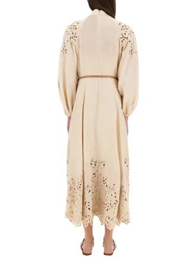 Zimmermann Beige Long Dress With High Neck And All-over Embroidery