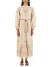 Zimmermann Beige Long Dress With High Neck And All-over Embroidery In Linen Woman In Ivory