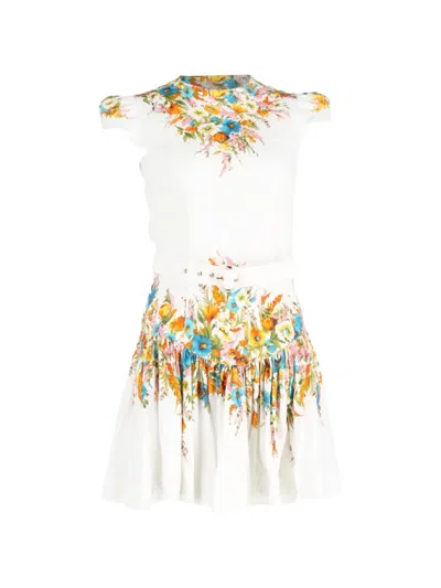 Pre-owned Zimmermann Estelle Floral-print Belted Mini Dress In White
