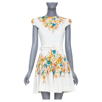 Pre-owned Zimmermann Estelle White Linen Multicolor Floral Print Belted Mini Dress Sz.1 Xs