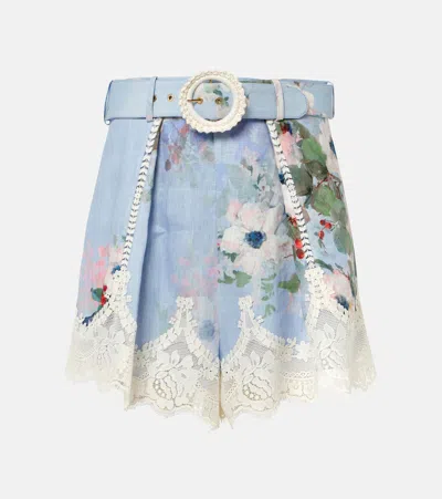 Zimmermann Everley Floral Printed Belted Shorts In Blue