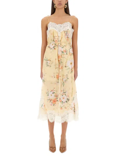 Zimmermann Everley Belted Lace-trimmed Floral-print Linen Midi Dress In Multi