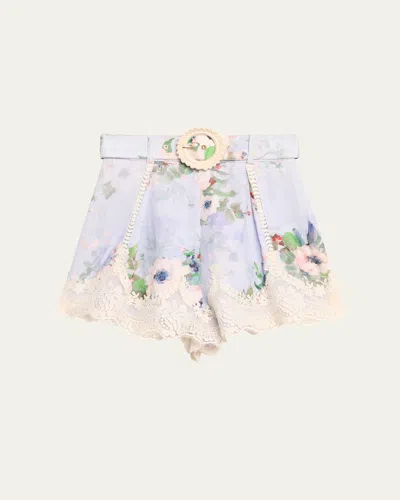 ZIMMERMANN EVERLEY FLORAL LACE TRIM BELTED TUCK SHORTS