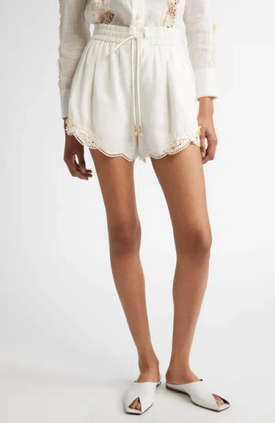 Zimmermann Everley Floral Lace Trim Linen Shorts In Ivory