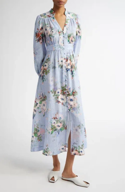 ZIMMERMANN ZIMMERMANN EVERLEY FLORAL LONG SLEEVE LINEN MIDI DRESS