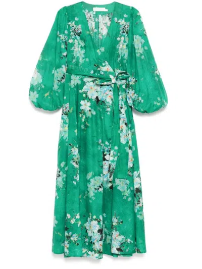 Zimmermann Everley Long-sleeved Wrap Midi Dress In Green