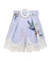 Zimmermann Womens Light Blue Floral Everley Tuck Floral-pattern Linen Shorts In White